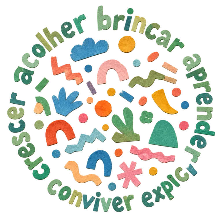 Colagem com as palavras acolher, brincar, aprender, explorar, conviver e crescer